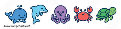 A whimsical collection of five stylized, smiling marine creatures including a whale, dolphin, octopus, crab, and turtle against a clean white background.