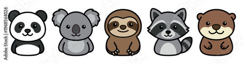 A charming vector illustration features a friendly panda, koala, sloth, raccoon, and otter in a playful, flat design against a clean white background.