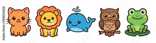A collection of five adorable, simplified cartoon animals including a cat, lion, whale, owl, and frog presented against a clean white backdrop, perfect for children's designs.