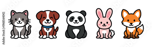 A charming group of simplified, kawaii-style cartoon animals including a cat, dog, panda, rabbit, and fox, all sitting and smiling against a clean white background.