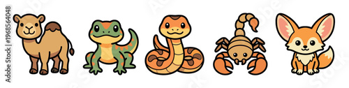 A collection of adorable cartoon desert animals including a camel, lizard, snake, scorpion, and fennec fox presented against a clean white background.