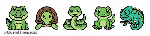 A vibrant collection of five adorable cartoon reptiles including a crocodile, turtle, snake, frog, and chameleon, all rendered in a friendly, approachable style on a white background.