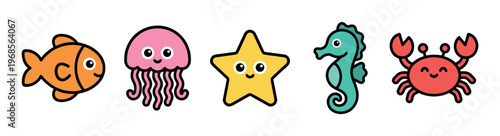 Adorable collection of cartoon sea animals including a fish, jellyfish, starfish, seahorse, and crab, set against a clean white background, perfect for children's themes.