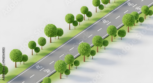 3D Sustainable Urban Planning Illustration with Bicycle Lane and Green Trees for Eco-Friendly Transportation and Green City Infrastructure Design