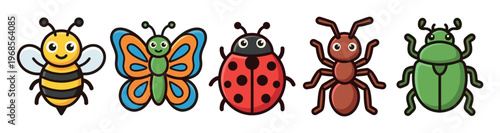 A charming collection of five cartoon insects, including a bee, butterfly, ladybug, ant, and beetle, presented on a clean white background.