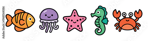 A vibrant collection of five adorable, hand-drawn cartoon sea creatures, including a fish, jellyfish, starfish, seahorse, and crab, isolated on a clean white background.
