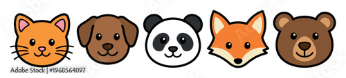 A collection of five adorable, simplified cartoon animal faces including a cat, dog, panda, fox, and bear, set against a clean white background, perfect for children's designs.