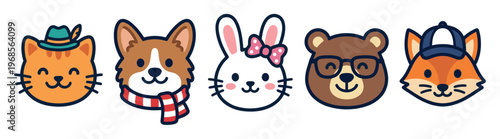A charming collection of five distinct cartoon animal faces including a cat, dog, rabbit, bear, and fox, each with unique accessories, presented against a white background.
