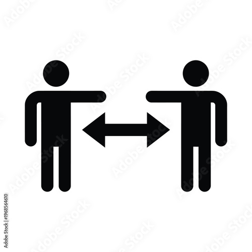 Black social distancing icon with two human figures keeping distance and arrows indicating separation.