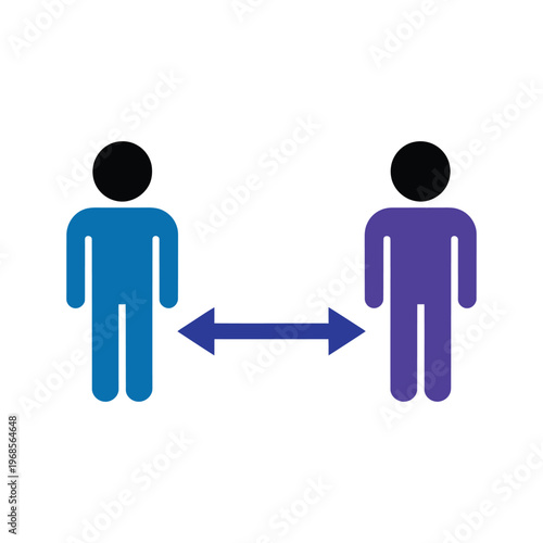 Colorful social distancing icon with two human figures keeping distance and arrows indicating separation.