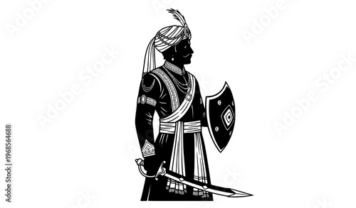 Maharaja Silhouette Portrait – Black and White Royal Indian Ruler Vector Illustration
