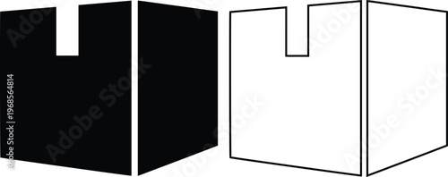 vector icon set featuring a 3D isometric cardboard shipping box and product package in solid black silhouette and linear outline styles isolated on a white background.