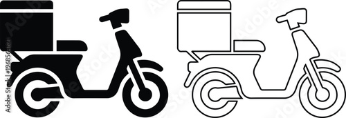 vector icon set featuring a fast delivery scooter moped with a cargo box for food and courier shipping in solid black silhouette and linear outline styles.