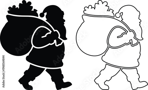 vector icon set featuring a full body Santa Claus walking and carrying a heavy sack of Christmas gifts in solid black silhouette and linear outline styles.