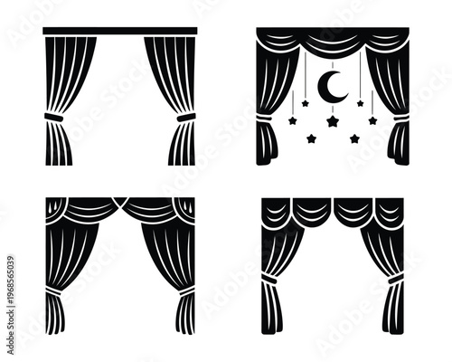 Collection of black silhouettes depicting various elegant curtain and drapery designs with tassels and a moon and stars motif.