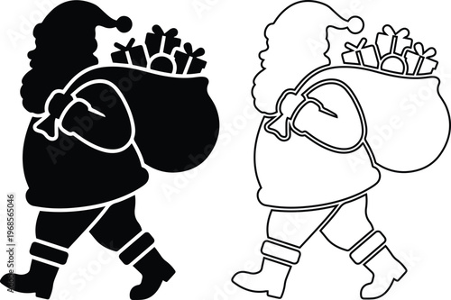 Santa Claus walking and carrying a heavy sack full of Christmas gifts in minimalist flat black silhouette and line outline styles isolated on a white background.