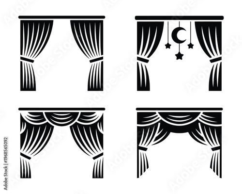 Four distinct styles of elegant draped curtains including decorative valances and tiebacks showcasing interior design elements.