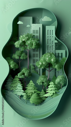 Elegant all-green monochromatic 3D paper cut of a sustainable eco city featuring modern office buildings surrounded by lush trees, birds in flight, and soft clouds on a mint background.