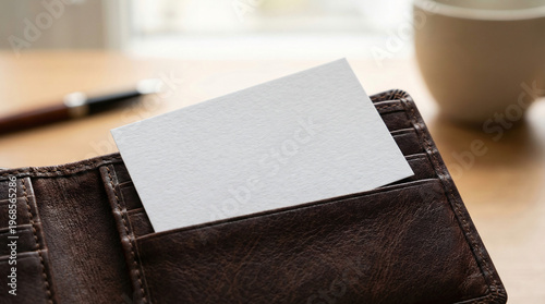 Blank business card in brown leather wallet on wooden table, mockup