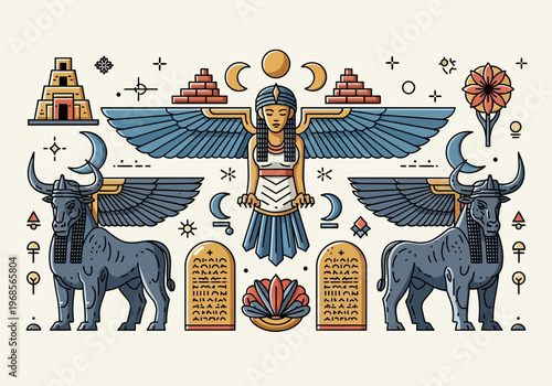 Ancient Mesopotamian Mythology Vector Illustration with Winged Goddess, Lamassu Bull Guardians, and Ziggurats in Flat Line Art Style