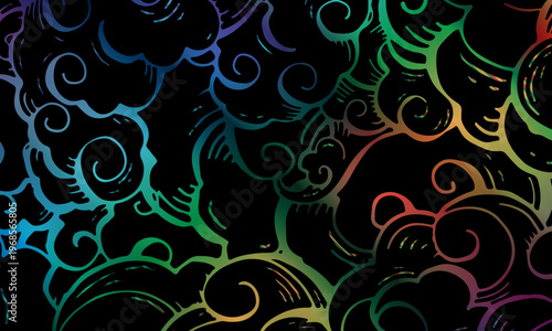 Japanese traditional cloud pattern hand drawn line art illustration. Black and color cloud culture art.