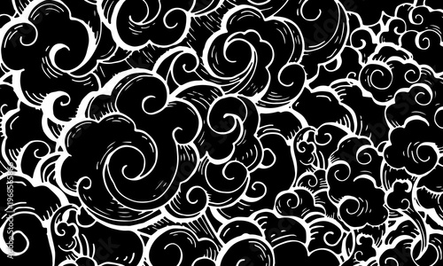 Japanese traditional cloud pattern hand drawn line art illustration. Black and white decorative swirls.
