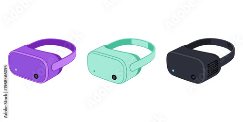 Virtual Reality VR Headset Glasses Icons Set in Purple Mint and Black Colors for Gaming Technology and Metaverse Concepts Isolated on White Background