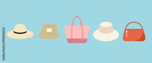 Set of Summer Fashion Accessories Icons Including Straw Hats Bucket Hats Tote Bag and Handbag Isolated on Blue Background for Beach Vacation Vector