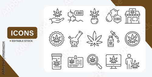 Cannabis related line icon set. Cannabidiol linear icons. Marijuanas outline vector signs and symbols collection.