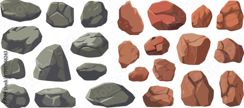 Rock stones collection set, various shapes natural geology elements brown gray vector illustration isolated design