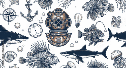 Vintage Nautical Seamless Pattern with Antique Diving Helmet, Sharks, and Deep Sea Creatures in Engraving Style