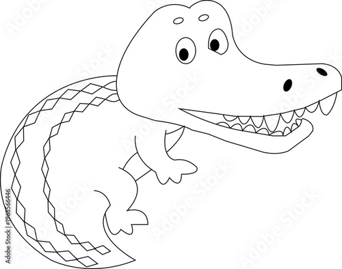 Cute cartoon crocodile coloring page, friendly alligator line art vector, smiling reptile outline for kids activity, black and white animal illustration