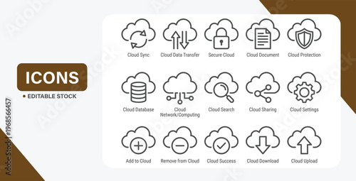 Cloud service and network related line icons. Database and online storage vector linear icon set.