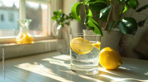 Healthy morning routine concept, lemon water on a clean table near window, soft morning sunlight, calm wellness lifestyle, minimal composition, cozy and fresh mood