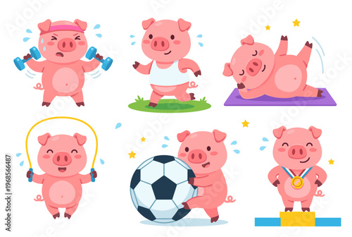 Cute Pink Pig Character Doing Various Sports and Exercises Set, Weightlifting, Running, Yoga, Skipping, Soccer, Winner on Podium, Fitness and Healthy Lifestyle Vector