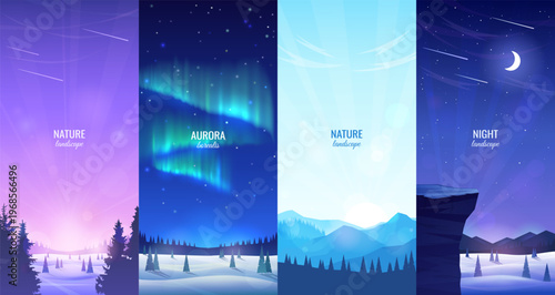 Set of vertical winter mountain landscape backgrounds. Snowy valley with aurora borealis, starry night sky and bright sunrise. Vector illustration.