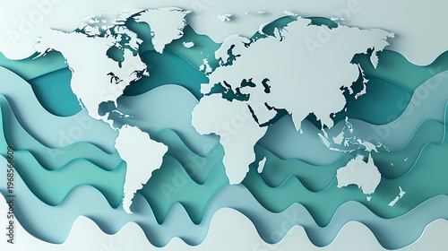 Stunning 3D paper cut world map rendered in layered shades of blue with wave-like ridges and ocean depth effect on a light background, representing global business and international expansion.