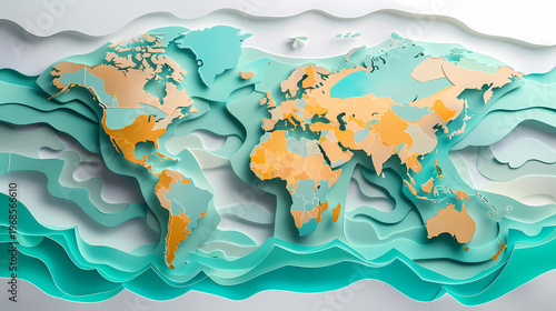 Stunning 3D paper cut world map rendered in layered shades of blue with wave-like ridges and ocean depth effect on a light background, representing global business and international expansion.