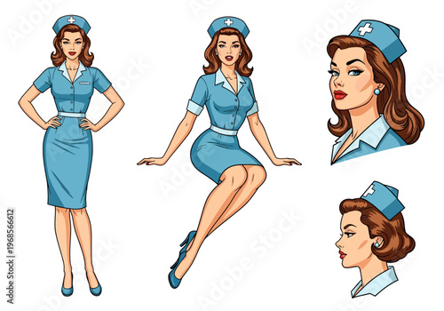 Vintage Pop Art Nurse Character Set: Retro 1950s Medical Comic Illustration of a Woman in Blue Uniform and Cap with Multiple Poses