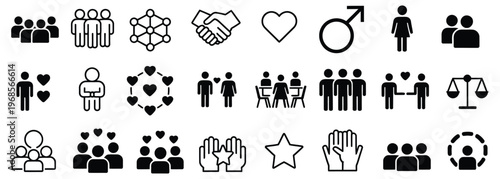 Gender Equality, Diversity and Collaboration Icon Set, Vector Illustration of Inclusion, Partnership, Human Connection, Justice, Unity, and Community Teamwork for Social Issues and Human Rights
