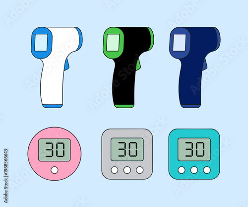 Set of Medical Infrared Thermometers and Digital Timers for Health Monitoring, Non-contact Temperature Measurement and Laboratory Equipment Vector
