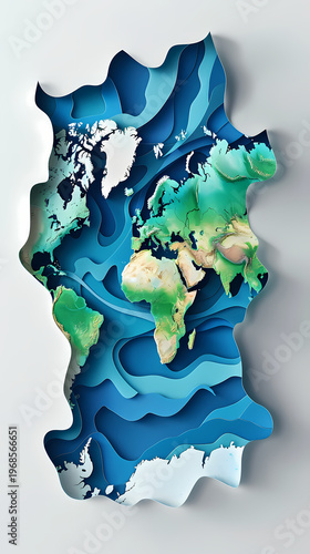Stunning 3D paper cut world map rendered in layered shades of blue with wave-like ridges and ocean depth effect on a light background, representing global business and international expansion.