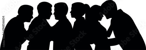 Silhouette of people arguing and confronting in group isolated on white background representing conflict, disagreement, tension, and social interaction concept