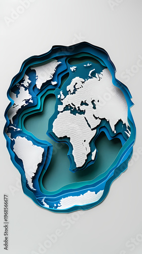 Stunning 3D paper cut world map rendered in layered shades of blue with wave-like ridges and ocean depth effect on a light background, representing global business and international expansion.