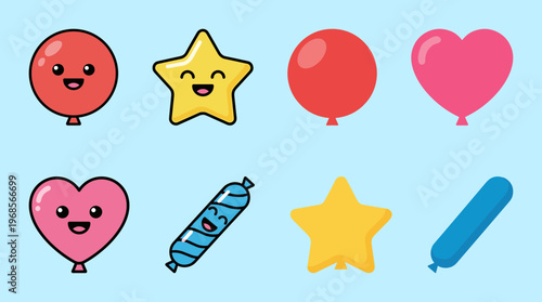 Colorful Party Balloons Set in Different Shapes including Round, Star, Heart and Long Shapes with Cute Smiling Faces and Plain Versions, Vector Icons