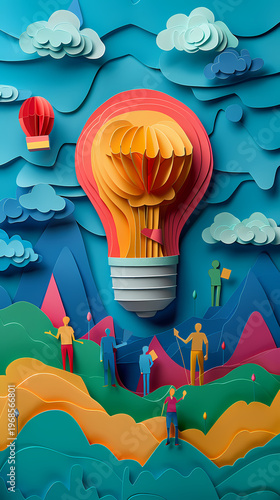 Creative 3D paper cut illustration of a person standing inside a giant glowing lightbulb against a bright blue sky with colorful paper waves and clouds, symbolizing startup innovation and ideas.