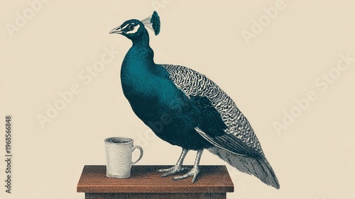 Elegant Peacock Standing Beside White Cup on Wooden Table Surface