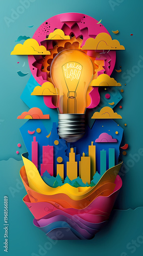 Creative 3D paper cut illustration of a person standing inside a giant glowing lightbulb against a bright blue sky with colorful paper waves and clouds, symbolizing startup innovation and ideas.