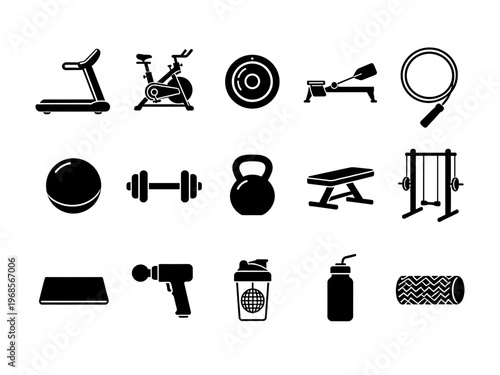 Gym Fitness Equipment Icons Set Isolated on White Background, Treadmill, Exercise Bike, Rowing Machine, Dumbbell, Kettlebell, Mat and Massage Gun