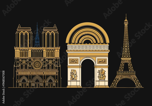 Minimalist Gold Paris Landmark Icons: Eiffel Tower, Notre Dame, and Arc de Triomphe on Black. Elegant French Architecture Line Art Illustration for Luxury Travel and Design.